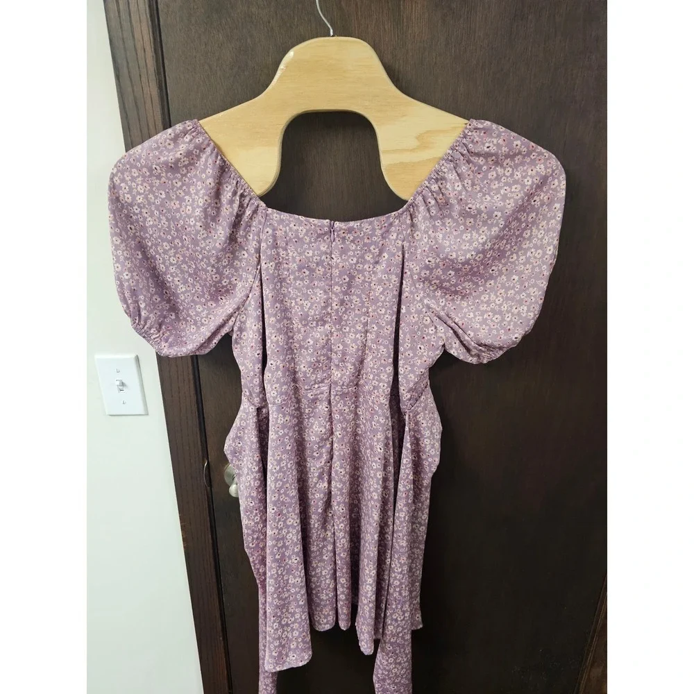 Arula Raella Purple Floral Puff Sleeve Mini Dress Square Neck Cottagecore Size X